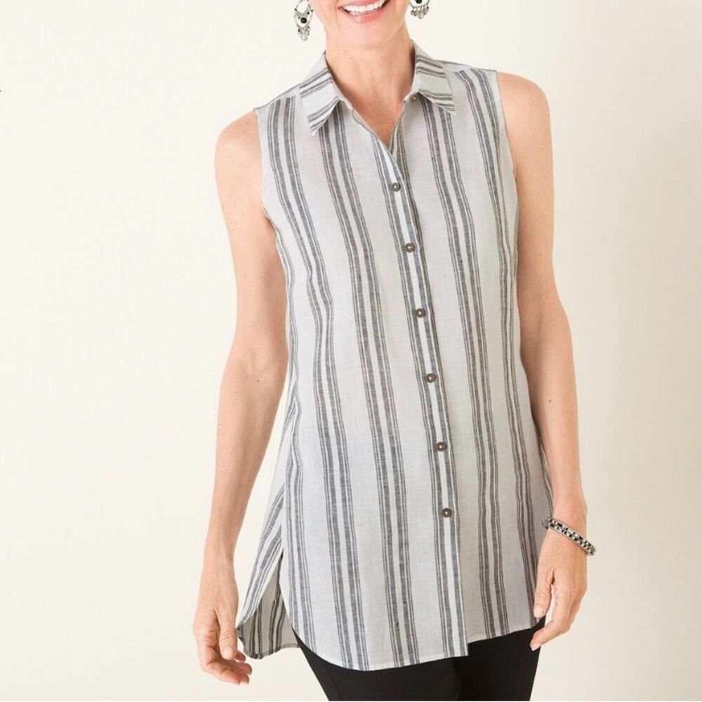 Striped 100% Linen Tunic Sleeveless Button-Up Top Size Small No Iron